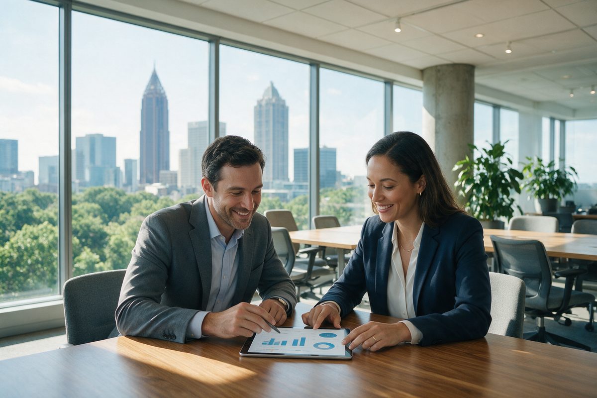 Two professionals reviewing an SEO budget and strategy together in an Atlanta office