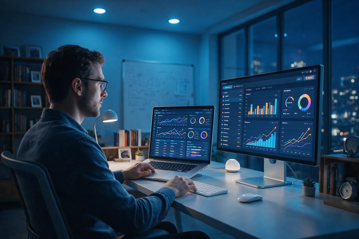 SEO analytics dashboards on a laptop and monitor, showing the reporting and technical work included in an Atlanta SEO budget